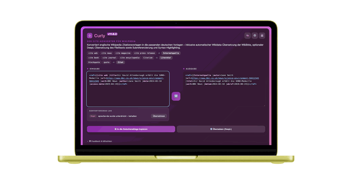 Curly auf einem MacBook: links die englische {{cite web}}-Vorlage, rechts die konvertierte {{Internetquelle}} mit deutschen Parametern.